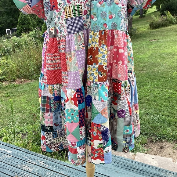 Upcycled vintage crazy patchwork quilt babydoll mid length lined dress Med to XL - Picture 8 of 16